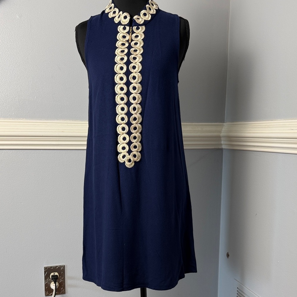 Lilly Pulitzer Navy Sleeveless Shift Dress with Ivory Embellished Trim